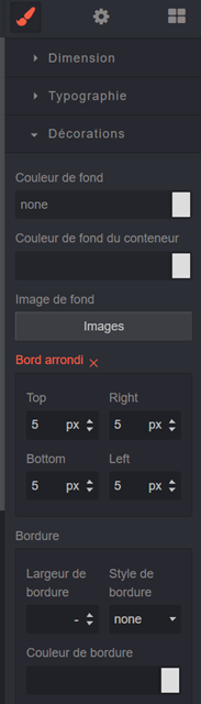 Réglages Décorations : couleurs du fond et du conteneur, bords arrondis.