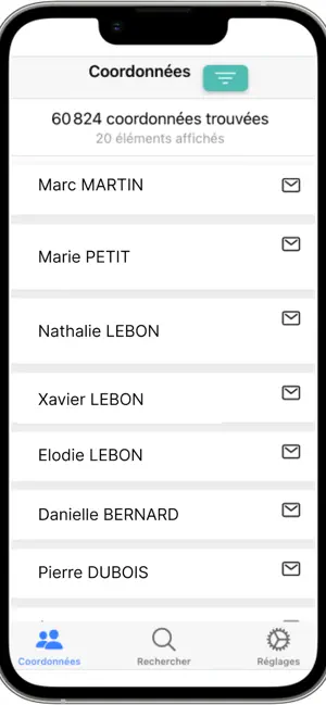 Liste des contacts dans l’application mobile Digitalebox
