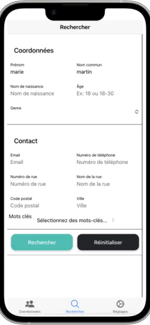 Recherche de contacts dans l’application mobile Digitalebox