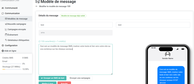 Préparation et envoi de SMS dans Digitalebox